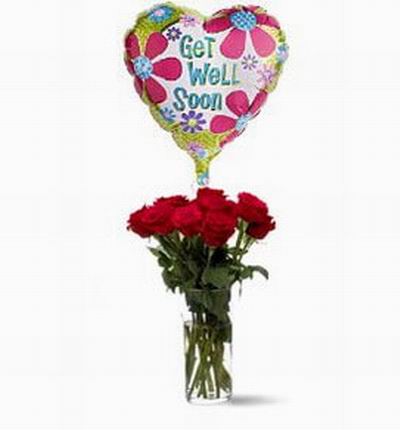 10 red Roses with helium balloon. If balloons are unavailable it will be substituted with a 15cm teddy bear.