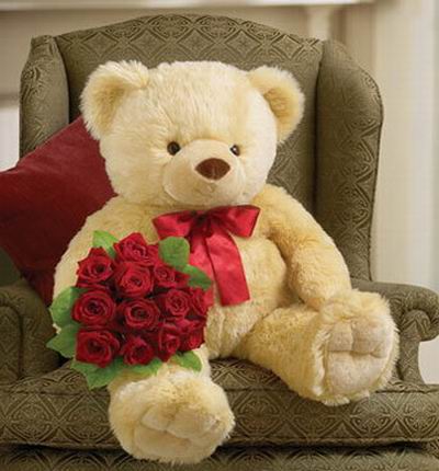 12 classic Roses with a 45 cm teddy bear. Teddy bears may vary based on availability.
