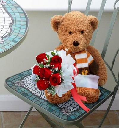 6 Roses and Baby's Breath with a 20cm Teddy bear.  Teddy bears may vary based on availability.