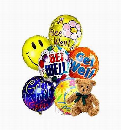 6 Helium Balloons with a very worried 20cm Teddy Bear. Teddy bear may vary based on availability and if the helium balloons are not available, we may substitute with Mylar self-blow up balloons or 12 regular blow up balloons. If in the case no balloons ar