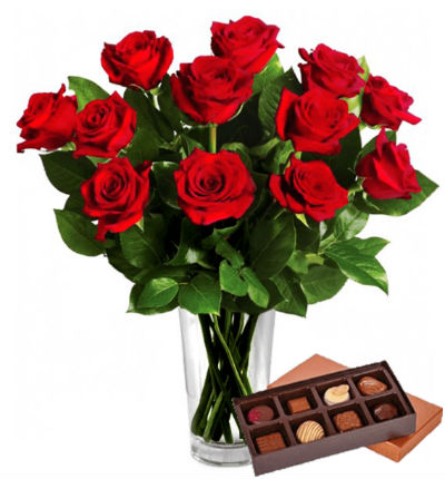 12 roses + Box of chocolates (Brand will vary)