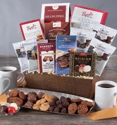Coffee and chocolate make the perfect pairing in this classic gift basket. The taste of tempting chocolate and premium ground coffees is almost impossible to resist!

Includes:
* French Chocolate Truffles - 3.5 oz.
* Milk Chocolate Sea Salt Caramels - 1 oz.
* Belgian Chocolates - 1.76 oz.
* Dark Chocolate Caramel Filled Bar - 3.5 oz.
* (4) Perfect Potfuls Assorted Gourmet Coffees - 1.5 oz. each
* Chocolate Chip Cookies - 4 oz.
* Peanut Butter Chocolate Chip Cookies - 2 oz.
* Mudpuppies� - 5.5 oz.