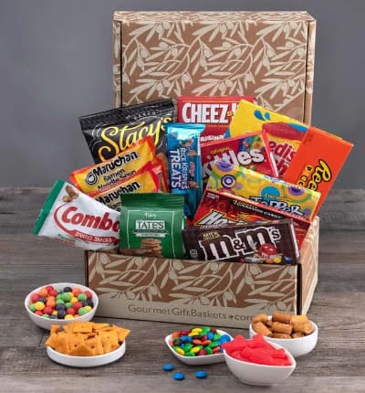 This delicious care package is full of classic favorites with a few tasty twists. Satisfy your cravings whether they be sweet, salty, crispy or chewy. We've included everything from chocolate, to gummies, heat-and-eat dinners and everything in between!

Includes:
* Blasted with M&Ms - Rice Krispies Treats Bar - 2.1 oz.
* Chocolate Chip Cookies - 1 oz.
* Milk Chocolate M&Ms Theater Box - 3.1 oz.
* Skittles Original Theater Box - 3.5 oz.
* Hot Tamales Theater Box - 5 oz.
* Salt and Pepper Krinkle Cut Potato Chips - 2 oz.
* Cinnamon Sugar Pita Chips - 1.5 oz.
* Everlasting Gobstopper Theater Box - 5 oz.
* Swedish Fish Theater Box - 3.1 oz.
* Sour Cream & Onion Krinkle Cut Kettle Chips - 2 oz.
* Peanut M&Ms - 1.69 oz.
* Pepperoni Pizza Pretzels - 1.8 oz.
