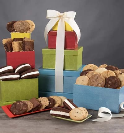 Whether you're entertaining a few friends or just want to send a stack of joy to someone in need, we've got you covered! Layer after layer of crisp cookies, gooey brownies, and decadent whoopie pies are perfectly designed to please.

Includes:
* Fudge Walnut Brownie - 1.5 oz.
* Peanut Butter Brownie - 1.5 oz.
* Chocolate Chunk Brownie - 1.5 oz.
* Butterscotch Blondie - 1.5 oz.
* Chocolate Chip Blondie - 1.5 oz.
* White Chocolate Chip Blondie - 1.5 oz.
* (2) Oatmeal Cookies - 2 oz.
* (2) Peanut Butter Cookies - 2 oz.
* (2) Chocolate Chip Cookies - 2 oz.
* (2) Fudge Brownie Cookies - 2 oz.
* (2) Lemon Sugar Cookies - 2 oz.
* (2) Pecan Sandy Cookies - 2 oz.
* (4) Whoopie Pies - 3.25 oz.