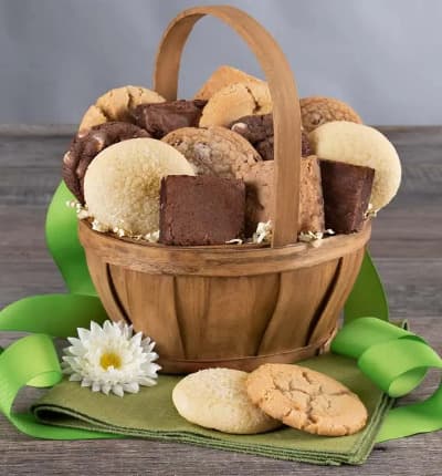 You or your lucky loved one will be transported to a better time when you catch the indulgent scent of these decadent cookies and brownies. This gift basket includes all of your soon to be favorites, such as a Chocolate Chip Blondie, a Fudge Walnut Brownie, Peanut Butter Cookies and so much more!

Includes:
* Peanut Butter Brownie - 1.5 oz.
* Chocolate Chunk Brownie - 1.5 oz.
* Fudge Walnut Brownie - 1.5 oz.
* Chocolate Chip Blondie - 1.5 oz.
* White Chocolate Chip Macadamia Blondie - 1.5 oz.
* (2) Chocolate Chip Cookies - 2 oz.
* (2) Fudge Brownie Cookies - 2 oz.
* (2) Peanut Butter Cookies - 2 oz.
* (2) Lemon Sugar Cookies - 2 oz.
* OU-D Kosher Certified