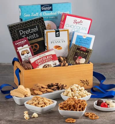 These treats were hand-picked to impress! This extravagent box is packed with salty peanuts and pretzels, sweet chocolaty cookies and candies, as well as unique cookie straws, caramels, and truffles.

Includes:
* Sea Salt & Cracked Pepper Kettle Corn - 4.2 oz.
* Chocolate Chip Cookies - 4 oz.
* Classic Mini Pretzel Twists - 3 oz.
* Roasted & Salted Peanuts - 2 oz.
* Belgian Chocolate Truffles - 1.76 oz.
* Sea Salt Caramel Cookie Straws - 1 oz.
* French Chocolate Truffles - 3.5 oz.
* Chocolate Wafer Petites - 0.7 oz.
* Milk Chocolate Sea Salt Caramels - 1 oz.