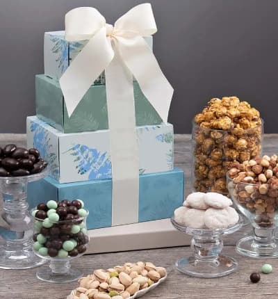 All of your favorite festive delights are stacked high in this delicious gift tower. A sampling of different nuts, popcorn, cookies, sweets and more are shipped right to your lucky recipient's door. These sweet treats are displayed in elegantly printed gift boxes, complete with a decorative bow.

Includes:
* Dark Chocolate Sea Salt Caramels - 2.1 oz.
* Dark Chocolate Almonds - 6 oz.
* Key Lime Cookies - 2.25 oz.
* Butter Toffee Peanuts - 5 oz.
* Roasted & Salted Pistachios - 5 oz.
* Caramel Popcorn - 4 oz.
* Chocolate Mint Cookie Bites - 2.82 oz