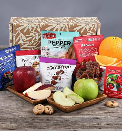 This gourmet selection of our favorite gluten-free goodies is perfect for your loved one who's celebrating far away, or as a thoughtful pick-me-up. Whether they have a gluten sensitivity or you are just looking for some healthy, unique snacks - we've got you covered! They will be delighted to receive this care package of fruit, cookies, trail mix, candies, turkey jerky, and more!

Includes:
* 2 Oranges
* 2 Apples
* Gluten Free Double Chocolate Chip Cookies - 1.1 oz.
* Gluten Free Chocolate Chip Cookies - 1.1 oz.
* Blueberry Pomegranate Trail Mix - 1 oz.
* Cranberry Pomegranate Clusters - 1 oz.
* Key Lime Buds - 1.75 oz.
* Cracked Pepper Turkey Jerky - 1 oz.
* Gift Box
