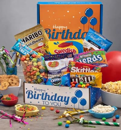 Help them go wild on their birthday this year! Kids, teens, and adults of all ages are sure to be delighted to receive this exciting Happy Birthday Care Package. A wide selection of sweet and salty snacks are accompanied by Happy Birthday balloons.

Includes:
* Skittles Original Theater Box - 3.5 oz.
* Swedish Fish Theater Box - 3.1 oz.
* Oreo's Snack Pack
* Gummy Goldbears - 5 oz.
* Rice Krispies Blasted with M&Ms - 2.1 oz.
* Rainbow Nerds Theater Box - 5 oz.
* Birthday Confetti Popcorn - 4 oz.
* Birthday Cake Jelly Beans - 3.5 oz.
* Peanut M&Ms - 1.69 oz.
* Sea Salt & Cracked Pepper Kettlecorn - 1.3 oz.
* Pretzel Crisps - 1.5 oz.
* Happy Birthday Balloons - 1 bag
* Birthday Gift Box