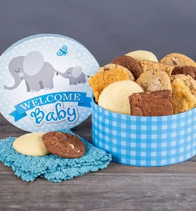 The perfect way to welcome a precious new baby boy into the family is here! Delicious whoopie pies, crumbly melt in your mouth cookies and delightfully fudgy brownies in an adorable, decorative container will greet the lucky parents.

Includes:
* Chocolate Chunk Brownie
* Peanut Butter Brownie
* Chocolate Chip Blondie
* Butterscotch Blondie
* 2 Chocolate Chip Cookies
* 2 Fudge Brownie Cookies
* 2 Oatmeal Raisin Cookies
* 2 Lemon Sugar Cookies
* OU-D Kosher Certified
* Keepsake New Baby Gift Box