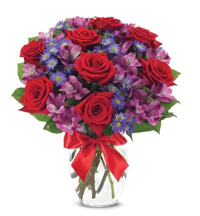 * Red Roses
* Purple Alstroemeria
* Purple Monte Casino