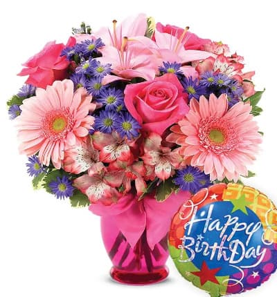 * Happy Birthday Balloon
* Pink Roses & Daisies
* Keepsake Pink Vase
* Decorative Ribbon