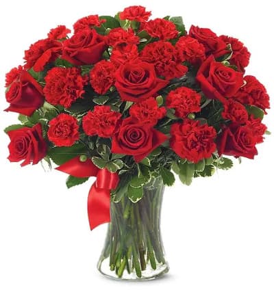 * Red Roses
* Red Carnations
* Decorative Red Ribbon