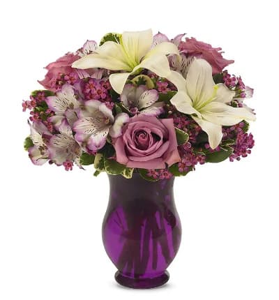 * Purple Roses
* Lavender Alstroemeria
* White Lilies
* Fluted Purple Vase