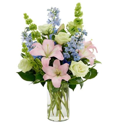 * Green Roses
* Pink Lilies
* Blue Delphinium
* Bells of Ireland