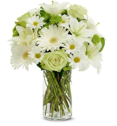 * Green Roses
* White Gerbera Daisies
* White Daisy Poms
* Clear Glass Vase