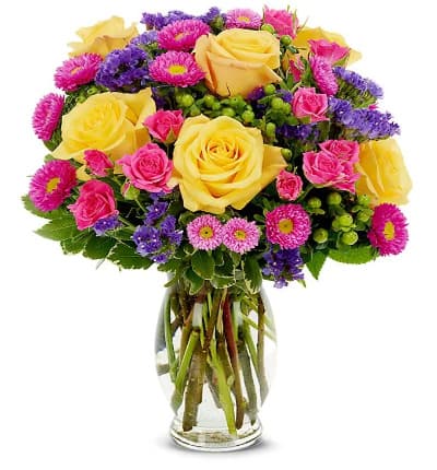 * Hot Pink Roses
* Yellow Roses
* Pink Aster & Purple Statice