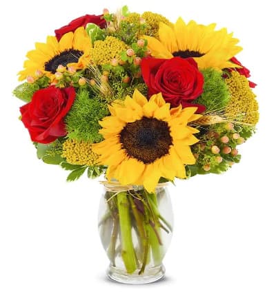 * Sunflowers
* Red Roses
* Orange Hypericum
* Yarrow