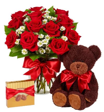 * One Dozen Red Roses
* Teddy Bear with Ribbon Bow
* Box of Chocolates
* Glass Vase with Ribbon
* Card Message Included
