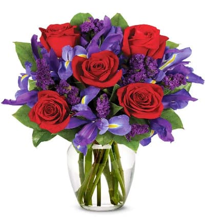 * Red Roses
* Purple Statice
* Blue Iris