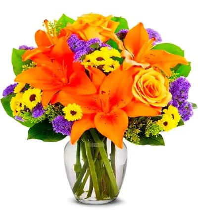 * Orange Roses
* Orange Lilies
* Purple Statice
* Solidago
* Glass Gathering Vase