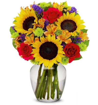 * Sunflowers
* Red Roses
* Purple Statice
* Orange Alstroemeria
* Orange Poms
* Clear Glass Vase