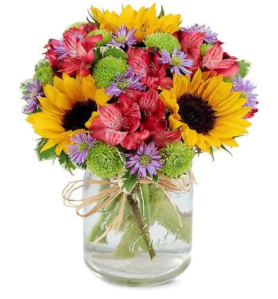 * Sunflowers
* Pink Alstroemeria
* Green Poms
* Purple Daisy Poms
* Mason Jar Vase