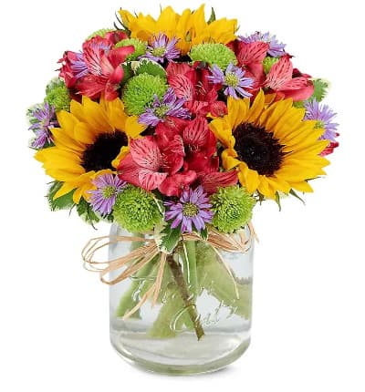 * Sunflowers
* Pink Alstroemeria
* Green Poms
* Purple Daisy Poms
* Mason Jar Vase