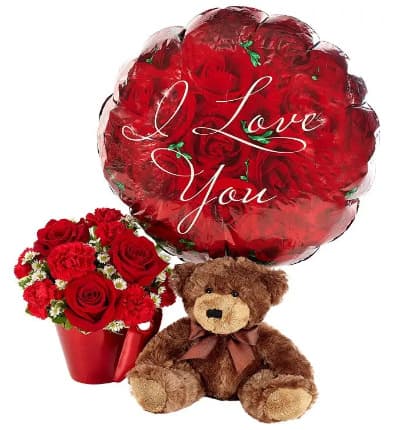 * I Love You Mylar Balloon
* Red Rose & Carnation Bouquet
* 4 oz. Box of Chocolates
* Plush Teddy Bear
* Card Message