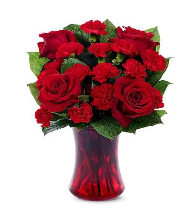 * Red Roses
* Red Mini Carnations
* Salal
* Red Gathering Vase