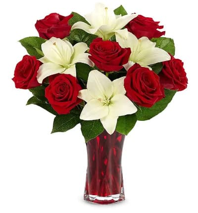 * Red Roses
* White Lilies
* Keepsake Red Vase