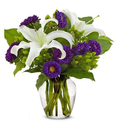 * White Lilies
* Green Hypericum
* Purple Asters