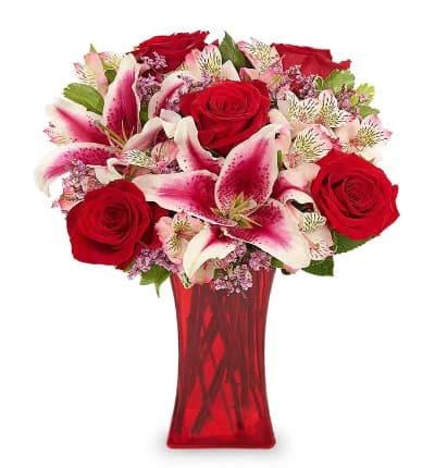* Red Roses
* Pink Stargazer Lilies
* White Alstroemeria
* Purple Limonium
* Red Vase