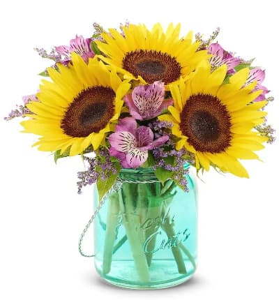 * Sunflowers
* Purple Alstroemeria
* Purple Monte Casino
* Mason Jar Vase