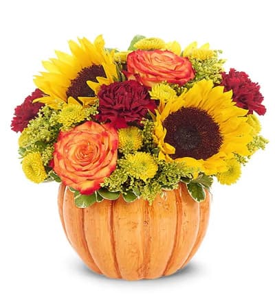 * Sunflowers
* Orange Safari Roses
* Red Carnations
* Yellow Poms
* Pumpkin Container