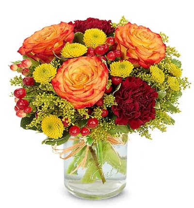 * Orange Roses
* Yellow Poms
* Solidago
* Red Hypericum
* Mason Jar Vase