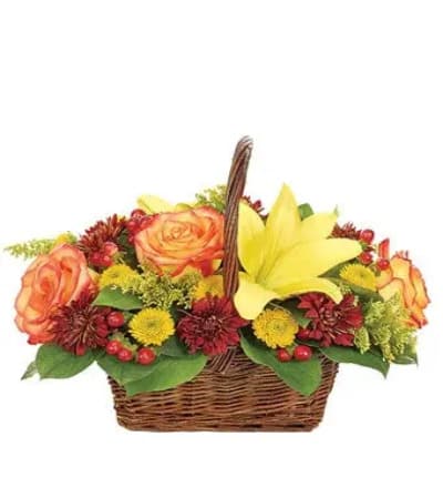 * Yellow Asiatic Lilies
* Orange Roses (Included in Deluxe & Premium Sizes Only)
* Orange Carnations (Included in Regular Size Only)
* Yellow Button Poms
* Bronze Cushion Poms
* Red Hypericum
* Solidago
* Basket