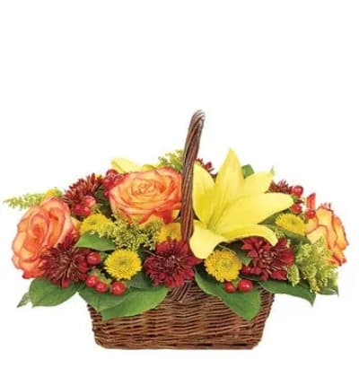 * Yellow Asiatic Lilies
* Orange Roses (Included in Deluxe & Premium Sizes Only)
* Orange Carnations (Included in Regular Size Only)
* Yellow Button Poms
* Bronze Cushion Poms
* Red Hypericum
* Solidago
* Basket