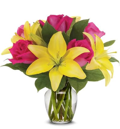 5 yellow lilies, 5 red roses in vase