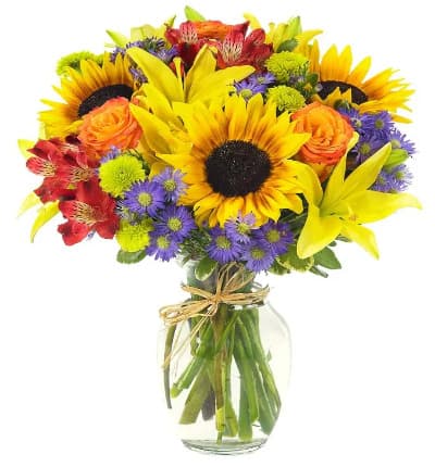 * Sunflowers
* Yellow Lilies
* Orange Roses
* Variety of Alstroemeria