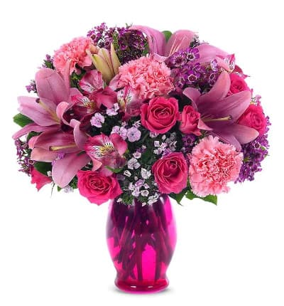 * Pink Lilies
* Pink Spray Roses
* Pink Carnations & Alstroemeria
* Bright Pink Vase