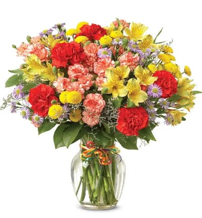 * Colorful Carnation Variety
* Alstroemeria & Button Poms
* Clear Glass Vase