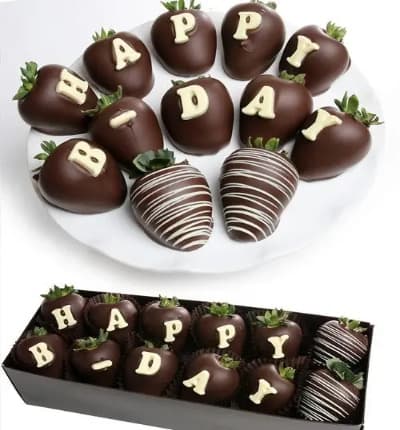 The BIRTHDAY BerryGram is a festive and delicious birthday gift. 12 delicious, juicy, strawberries are dipped in Belgian Chocolate and then decorated to spell 
