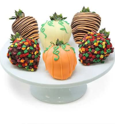 As the weather turns colder celebrate the changing colors of the leaves with this half dozen chocolate covered Fall strawberries! The six strawberries are dipped in a variety of chocolates including vanilla and then decorated for the season. This includes strawberries that look like pumpkins, fall leaf sprinkles and orange chocolate drizzle. Send these fun Autumn chocolate dipped strawberries for any special event this year.
Includes:
* Fresh Strawberries
* Dipped in White, Dark & Milk Chocolate
* Topped with Fall Sprinkles
* Fall Inspired Drizzle Decoration.
ALLERGEN ALERT: Product contains egg, milk, soy, wheat, peanuts, tree nuts and coconut. We recommend that those with food related allergies take the necessary precautions.
