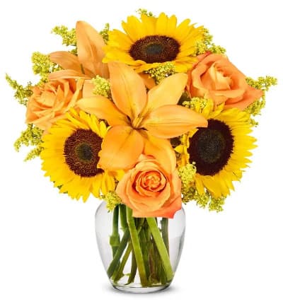* Sunflowers
* Orange Lilies
* Yellow Solidago
* Orange Roses