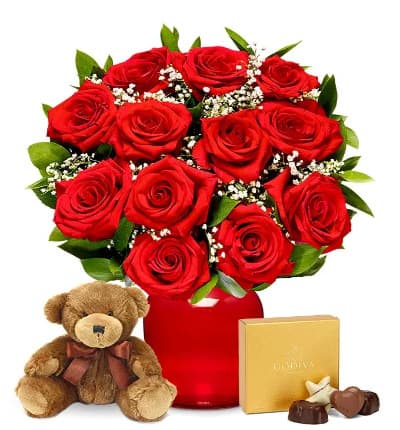 * Long Stem Red Roses
* Box of Chocolates
* Plush Teddy Bear