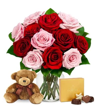 * Red Roses
* Pink Roses
* Plush Teddy Bear
* Box of Chocolates