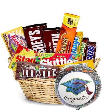 Send congratulations to a graduate in your life with this sweet and savory basket full of goodies! We have combined an assortment of everyone's favorite treats into one special gift. From chocolate bars and peanut butter cups, to chewy candies, this basket is a great gift for all ages whether the recipient is graduating Kindergarten or College! Created and hand delivered by one of our local florists. Available for same day delivery. * Candy and product assortment may vary. Graduation balloon may also vary depending on local florist's availability and may not be the same as what is shown in the product image.

Includes:
* Chocolate Candy Variety
* Keepsake Basket
* Graduation Mylar Balloon
* Card Message Included
