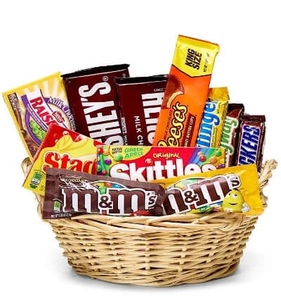 Looking to send the perfect gift to someone special with a sweet tooth? Look no further than Everyone's Favorite Candy Basket! Hand arranged and hand delivered by a local florist, this candy basket is generously packed with some of America's favorite and famous sweet treats. This gift is perfect for all ages and for almost any occasion! Send today. Please note: contents may vary.

Includes:
* Chocolate & Candy Variety
* Keepsake Basket
* Card Message Included