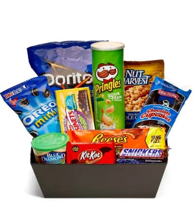 Know the ultimate junk food lover? Send them the Ultimate Junk Food Basket and watch a huge smile come across their face! This basket, filled to the brim with America's most famous and favorite snacks, makes the perfect congratulations, birthday, thank you, and just because gift. The ultimate guilty pleasure basket! Please note: contents may vary.